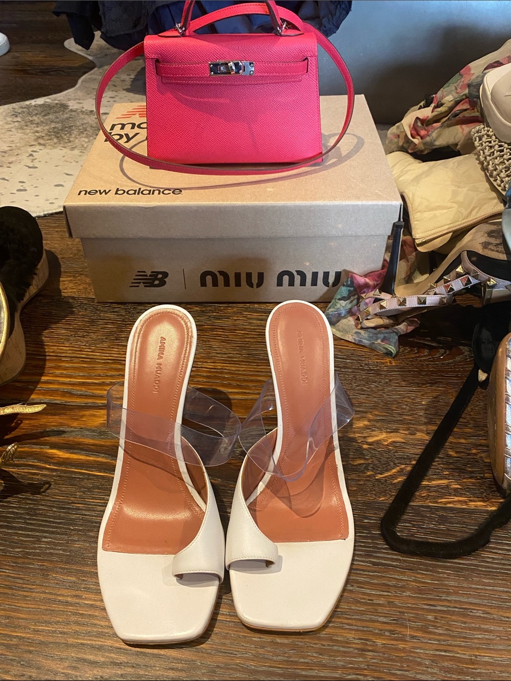 Amina Muaddi White Square-Toe Slide Heels with Clear Straps